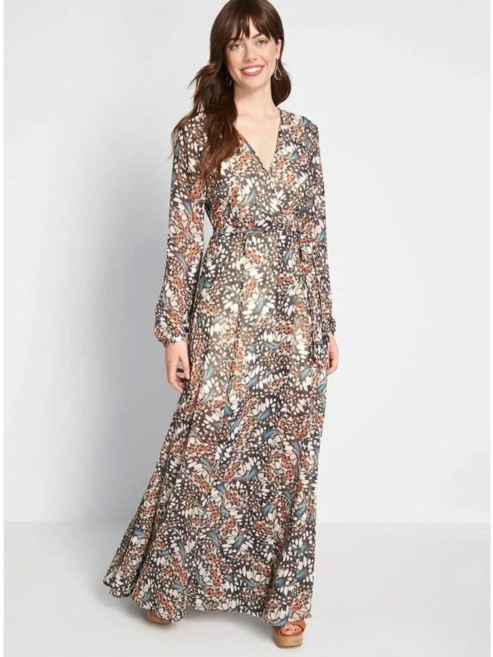 Hutch Butterfly Print Maxi Wrap Dress Womenās Medium Long Sleeve Lined Boho